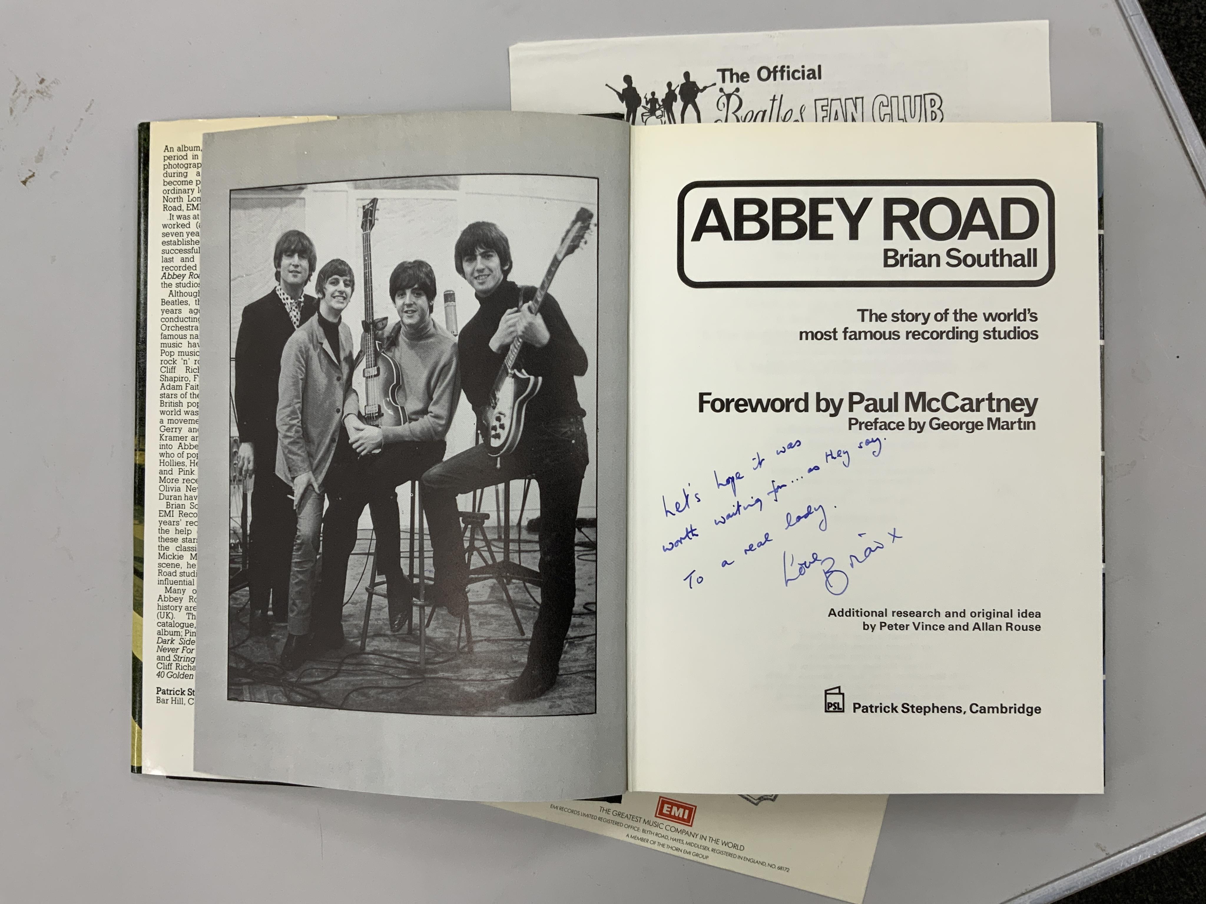 Brian Southall, Abbey Road, ’The story of the worlds most famous recording studios’, pub. Patrick Stephens Cambridge, a signed and dedicated copy with a separate note from the author on EMI headed note paper, together wi